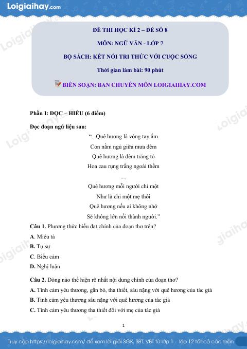 Đề thi học kì 2 Văn 7 Kết nối tri thức - Đề số 8
